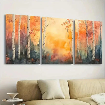 3pcs Vibrant Autumn Scene with Birch Trees Wall Art Set Canvas Unframed - High Quality Print 100% Australian Made Wall Canvas