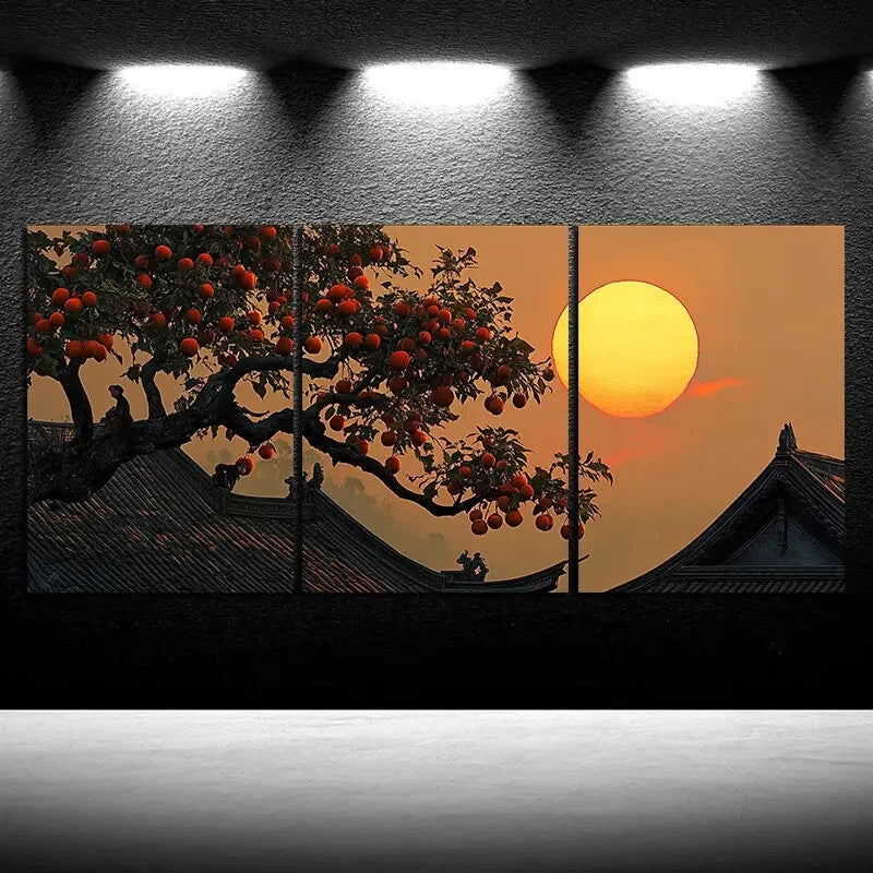 3pcs The Persimmon Tree On The Eaves Metal Print Ready to Hang Art