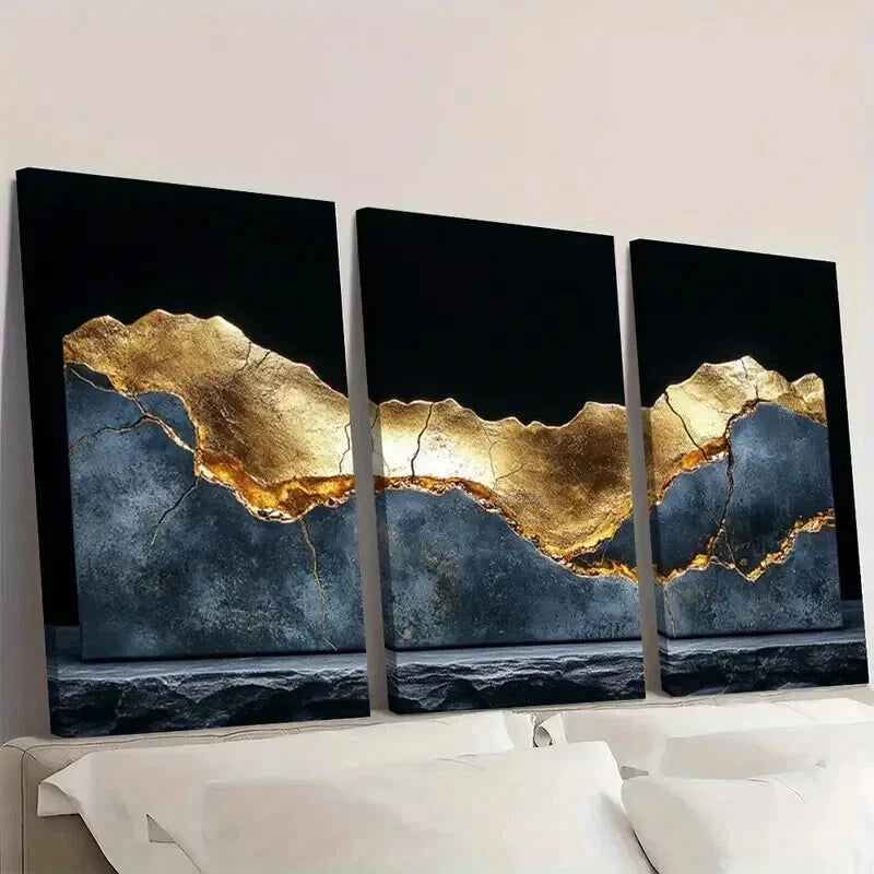 3pcs Cracked Golden Metallic Sheen on Black Wall Art Set Canvas Framed 40x60cm - High Quality Print 100% Australian Made Wall Canvas Ready to Hang