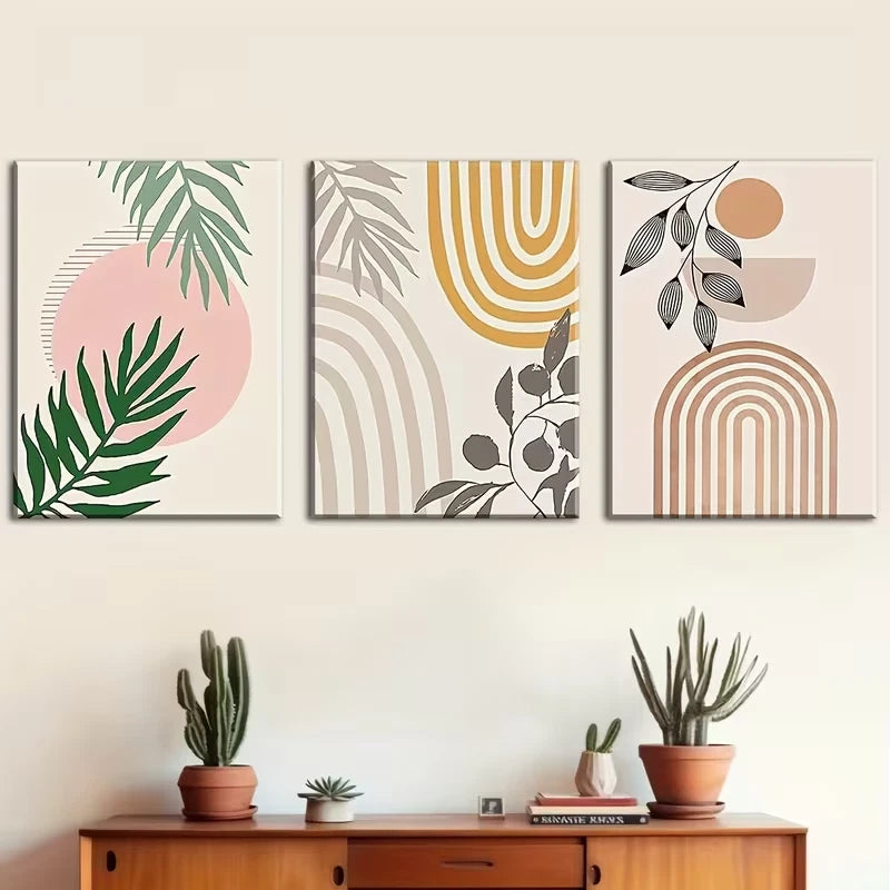 3pcs Geometric Decor with Bohemian Style Lines Metal Print Ready to Hang Art