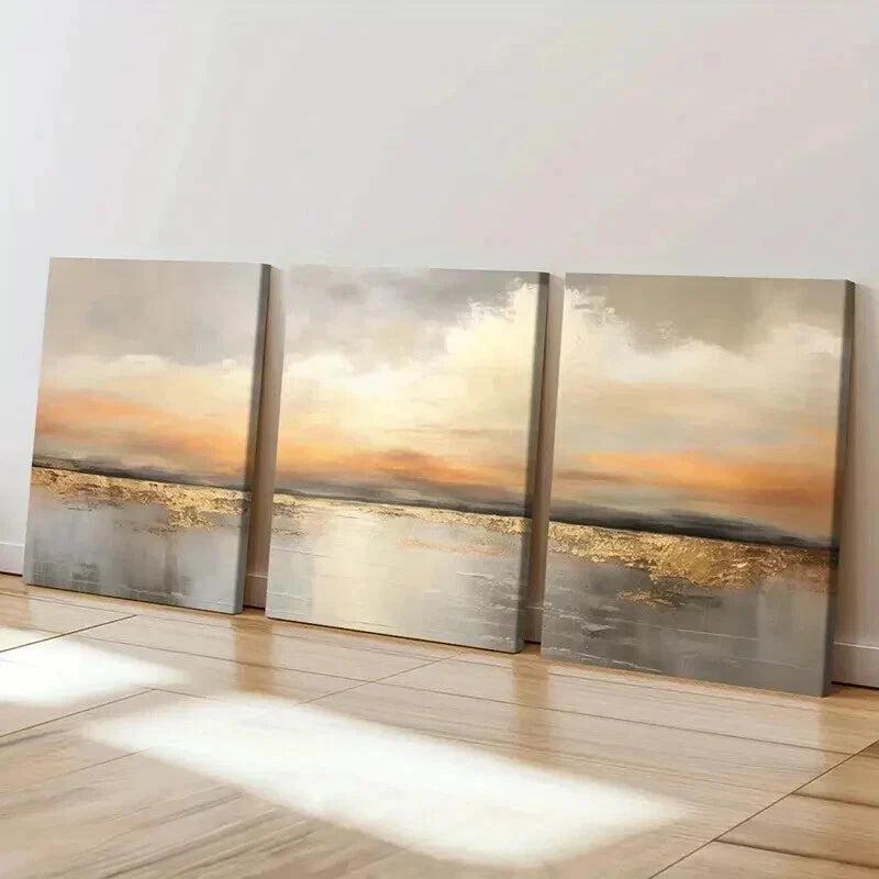 3pcs Abstract Golden Hour Lake Reflection Wall Art Set Canvas Framed 40x60cm - High Quality Print 100% Australian Made Wall Canvas Ready to Hang