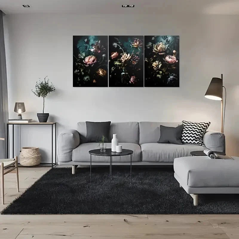 3pcs Dark Floral Elegant with Peonies and Roses Metal Print Ready to Hang Art