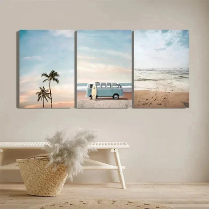 3pcs Turquoise Trucks Palm Trees Perfect Wall Art Set Canvas Framed 40x60cm - High Quality Print 100% Australian Made Wall Canvas Ready to Hang