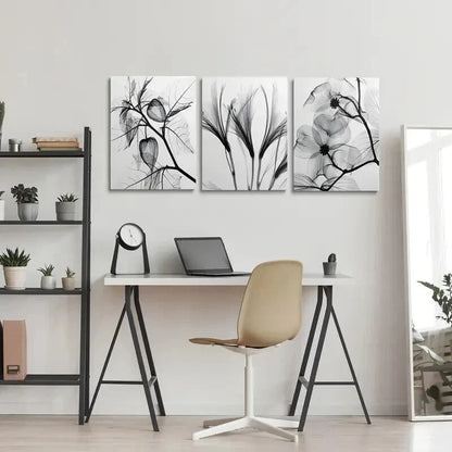3pcs Black and White Botanical Floral and Leaf Wall Art Set Canvas Framed 40x60cm - High Quality Print 100% Australian Made Wall Canvas Ready to Hang