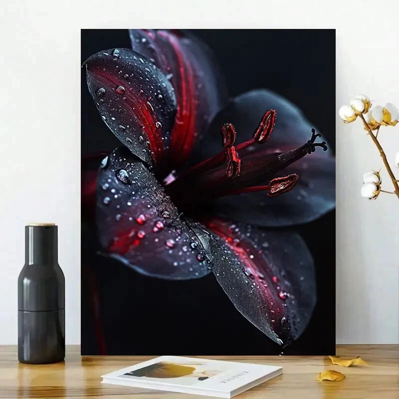 Black And Dark Red Flower with Raindrops Painting 40x60cm Metal Print Ready to Hang