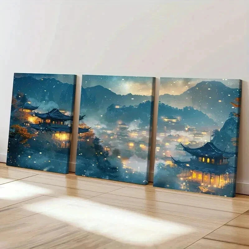 3pcs Retro Chinese Traditional Architecture Wall Art Set Canvas Framed 40x60cm - High Quality Print 100% Australian Made Wall Canvas Ready to Hang