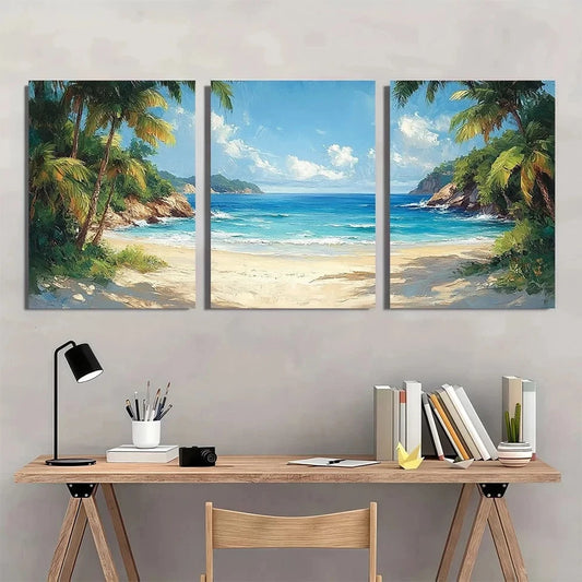 3pcs Tropical Sandy Beach View Greenery Scene Wall Art Set Canvas Framed 40x60cm - High Quality Print 100% Australian Made Wall Canvas Ready to Hang