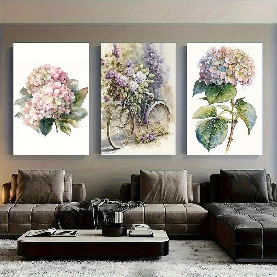 3pcs Hydrangea and Bicycle Watercolor Metal Print Ready to Hang Art