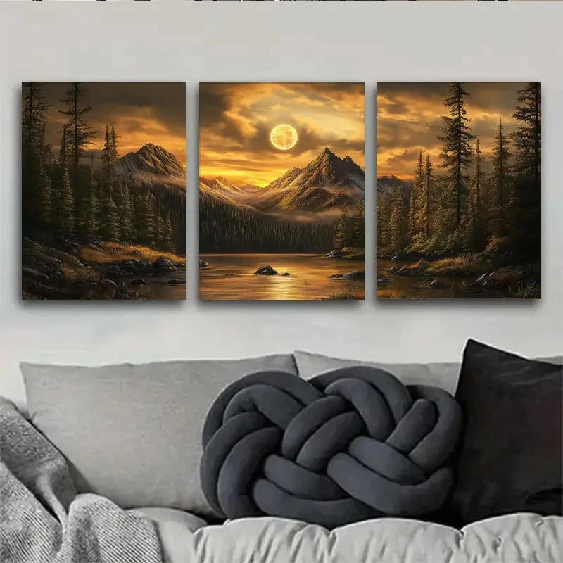 3pcs Sunset Mountain Lake Serene Forest Scene Metal Print Ready to Hang Art