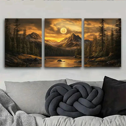 3pcs Sunset Mountain Lake Serene Forest Scene Metal Print Ready to Hang Art