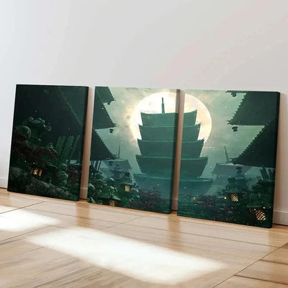 3pcs Japanese Style Shrine & Moon Landscape Wall Art Set Canvas Framed 40x60cm - High Quality Print 100% Australian Made Wall Canvas Ready to Hang