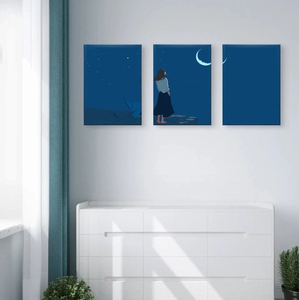 3pcs Woman With Night Sky and Crescent Moon Wall Art Set Canvas Framed 60x90cm - High Quality Print 100% Australian Made Wall Canvas Ready to Hang