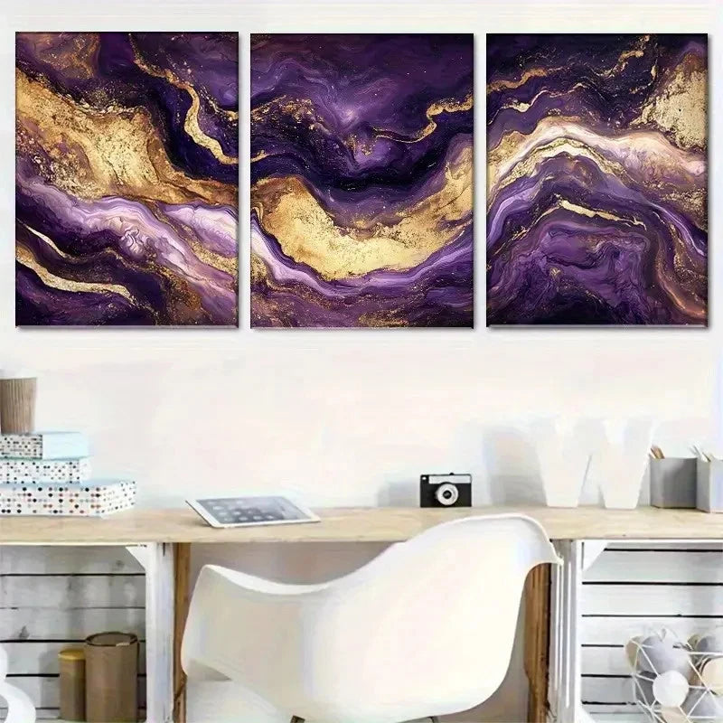 3pcs Elegant Purple Golden & Black Marble Design Metal Print Ready to Hang Art
