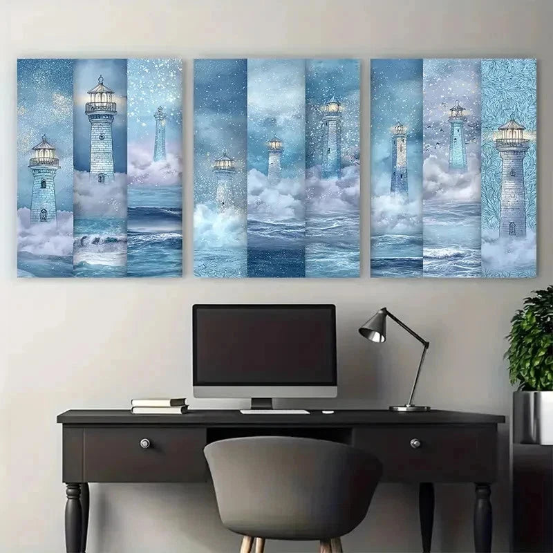 3pcs Enchanted Blue Lighthouses Clipart Perfect  Wall Art Set Canvas Framed 60x90cm - High Quality Print 100% Australian Made Wall Canvas Ready to Hang