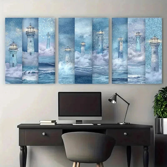 3pcs Enchanted Blue Lighthouses Clipart Perfect  Wall Art Set Canvas Framed 60x90cm - High Quality Print 100% Australian Made Wall Canvas Ready to Hang