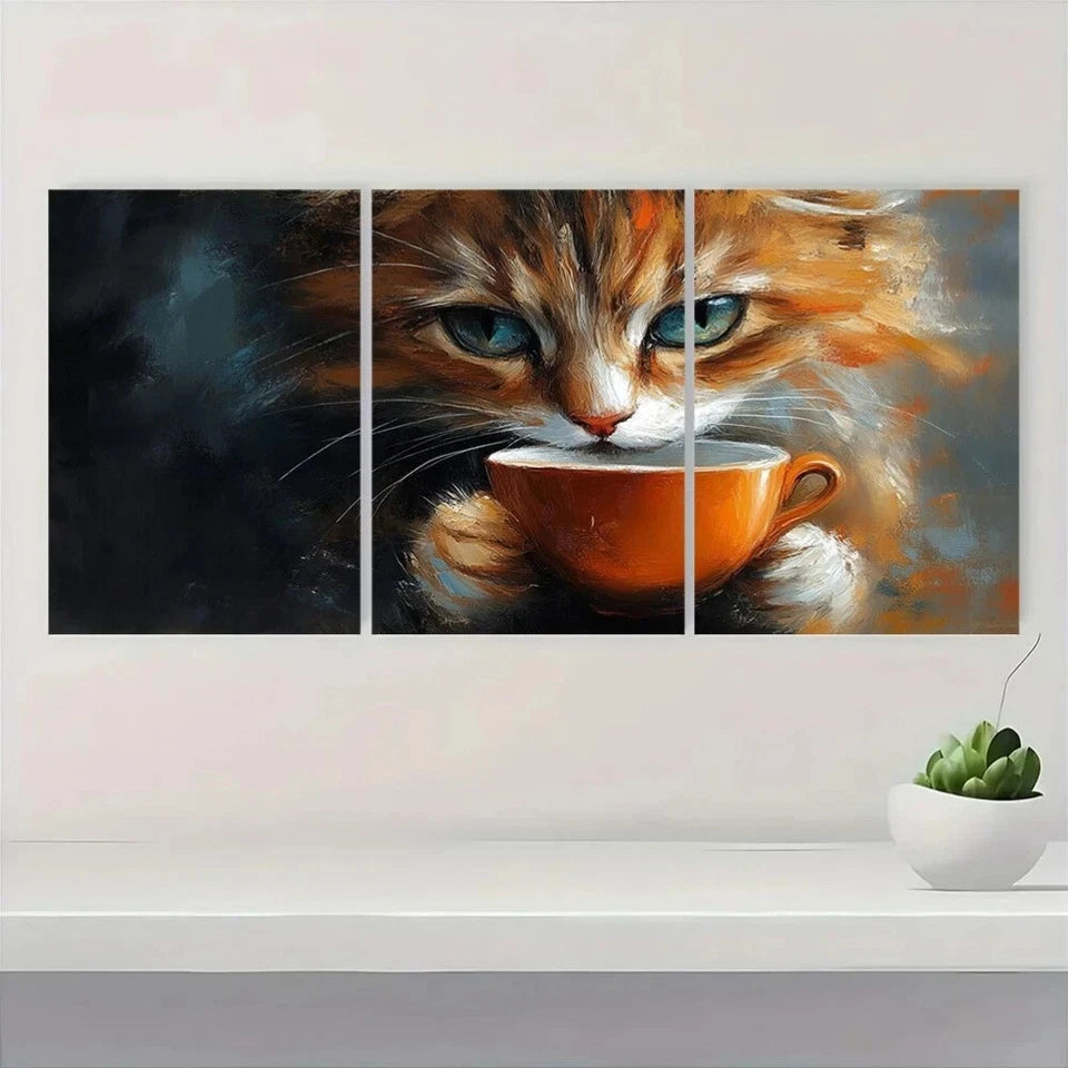3pcs Cat Drinking Coffee Pet Abstract Modern Metal Print Ready to Hang Art