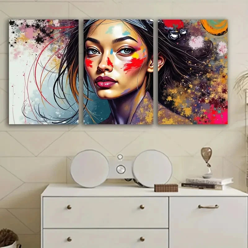 3pcs Vibrant Woman Portrait Spray Paint Artwork Wall Art Set Canvas Framed 60x90cm - High Quality Print 100% Australian Made Wall Canvas Ready to Hang