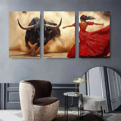 3pcs Flamenco Dancer Charging Bull Perfect Wall Art Set Canvas Framed 40x60cm - High Quality Print 100% Australian Made Wall Canvas Ready to Hang