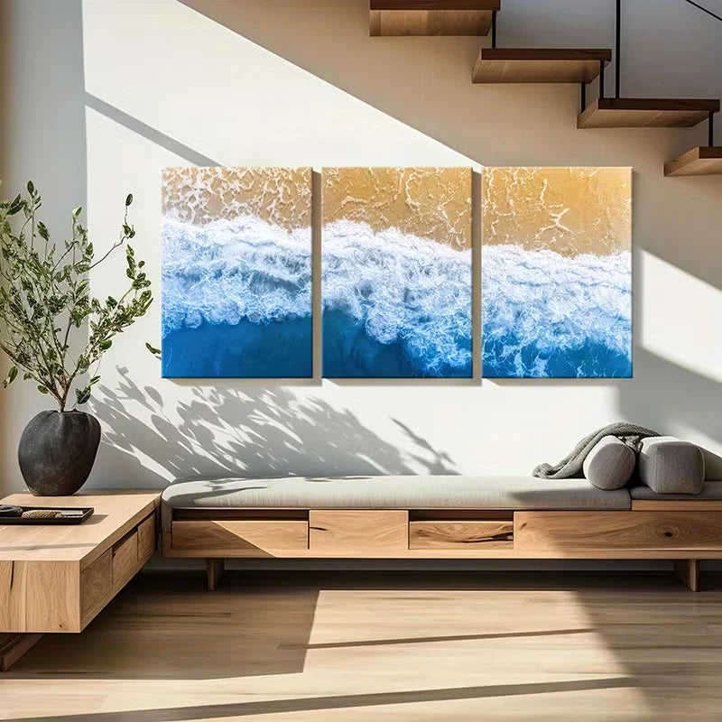 3pcs Ocean Waves, Sandy Beach Nature Wall Art Set Canvas Framed 50x70cm - High Quality Print 100% Australian Made Wall Canvas Ready to Hang