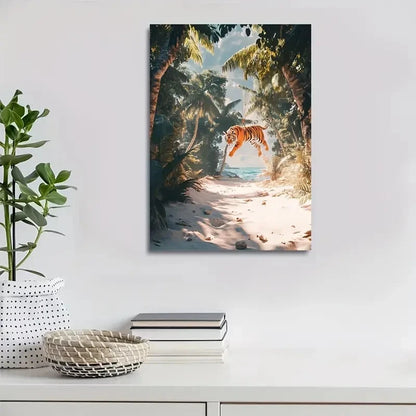 Swinging Tiger on Sandy Beach Scene Painting 40x60cm Metal Print Ready to Hang