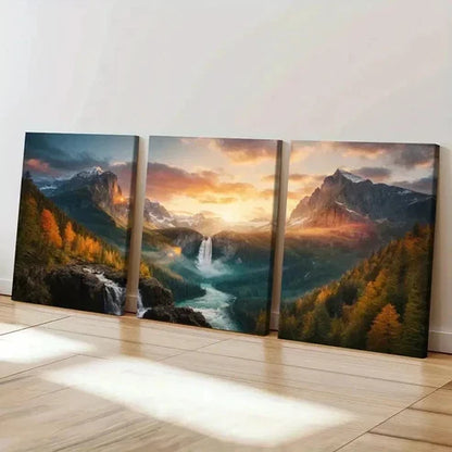 3pcs Valley Canyon Waterfall River Decor Wall Art Canvas Unframed - High Quality Print 100% Australian Made Wall Canvas