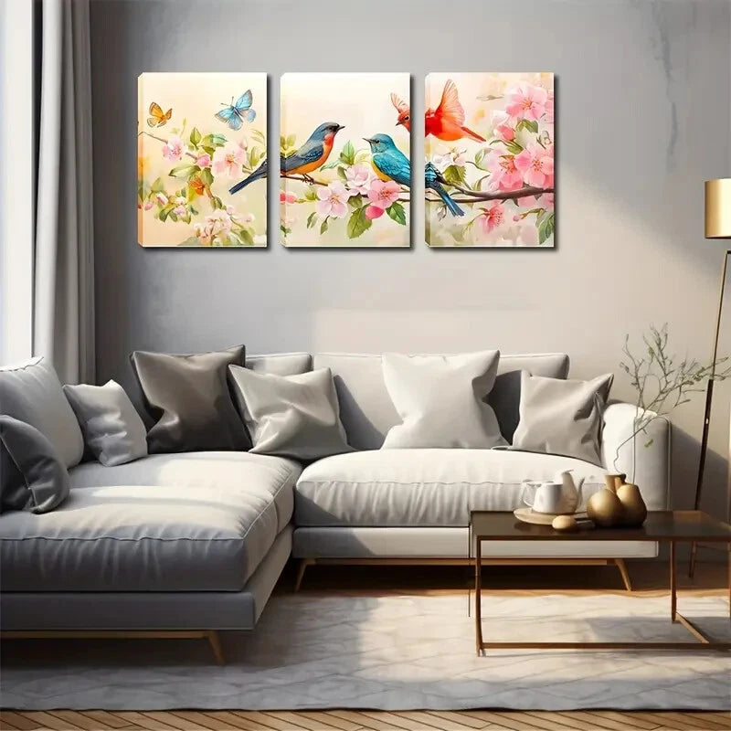 3pcs Vibrant Birds Pink Flower Branches Perfect Wall Art Set Canvas Framed 40x60cm - High Quality Print 100% Australian Made Wall Canvas Ready to Hang