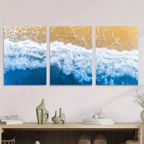 3pcs Coastal Ocean Wave Vibrant Blue & Golden Wall Art Set Canvas Unframed - High Quality Print 100% Australian Made Wall Canvas