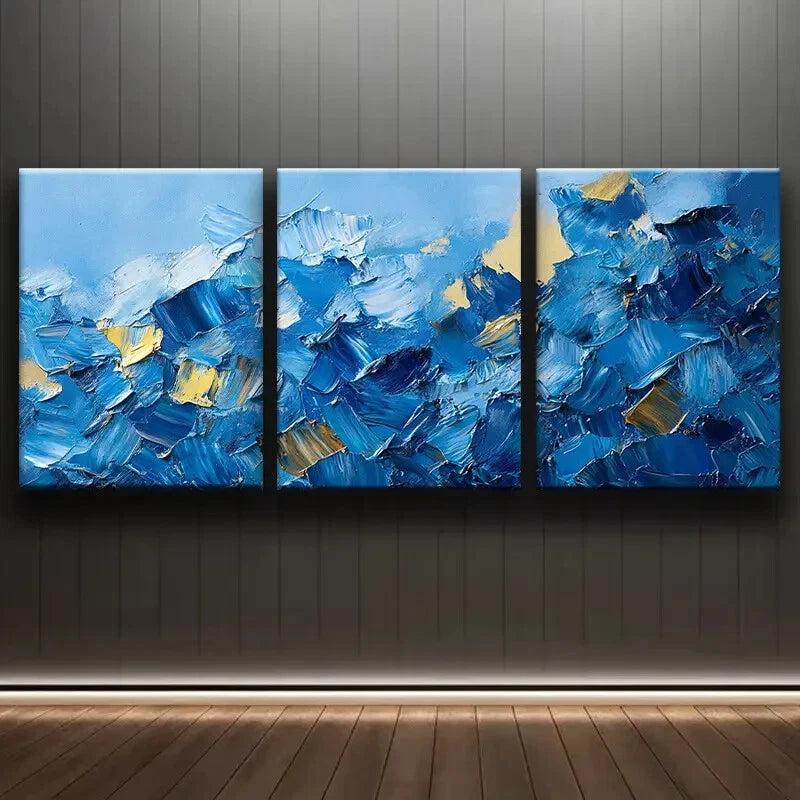 3pcs Abstract Blue & Golden Contemporary Metal Print Ready to Hang Art