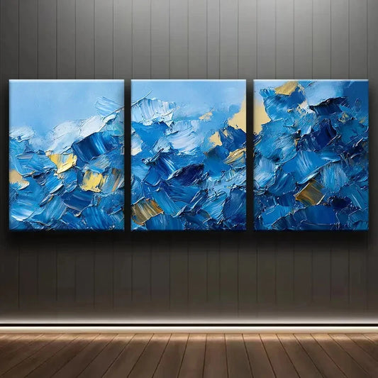 3pcs Abstract Blue & Golden Contemporary Metal Print Ready to Hang Art
