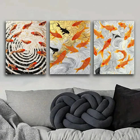 3pcs Goldfish Vortex Design Orange Perfect Wall Art Set Canvas Unframed - High Quality Print 100% Australian Made Wall Canvas