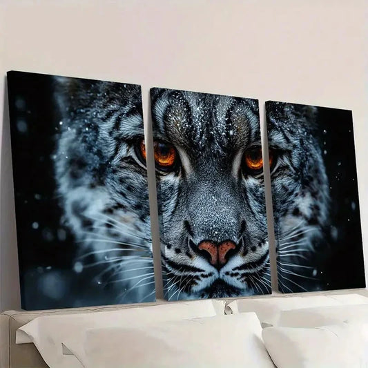 3pcs Snow Leopard Vibrant Red Eyes Wildlife Wall Art Set Canvas Framed 60x90cm - High Quality Print 100% Australian Made Wall Canvas Ready to Hang