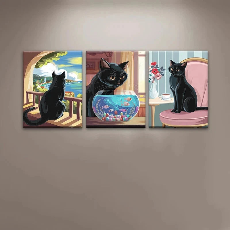 3pcs Black Cat Oil Painting Murals Metal Print Ready to Hang Art
