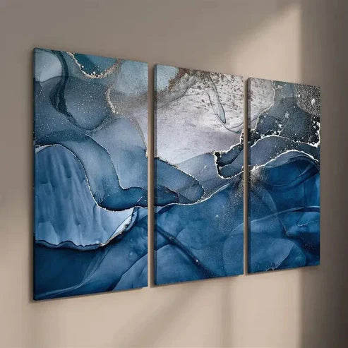 3pcs Abstract Blue and Golden Marble Texture Wall Art Set Canvas Unframed - High Quality Print 100% Australian Made Wall Canvas