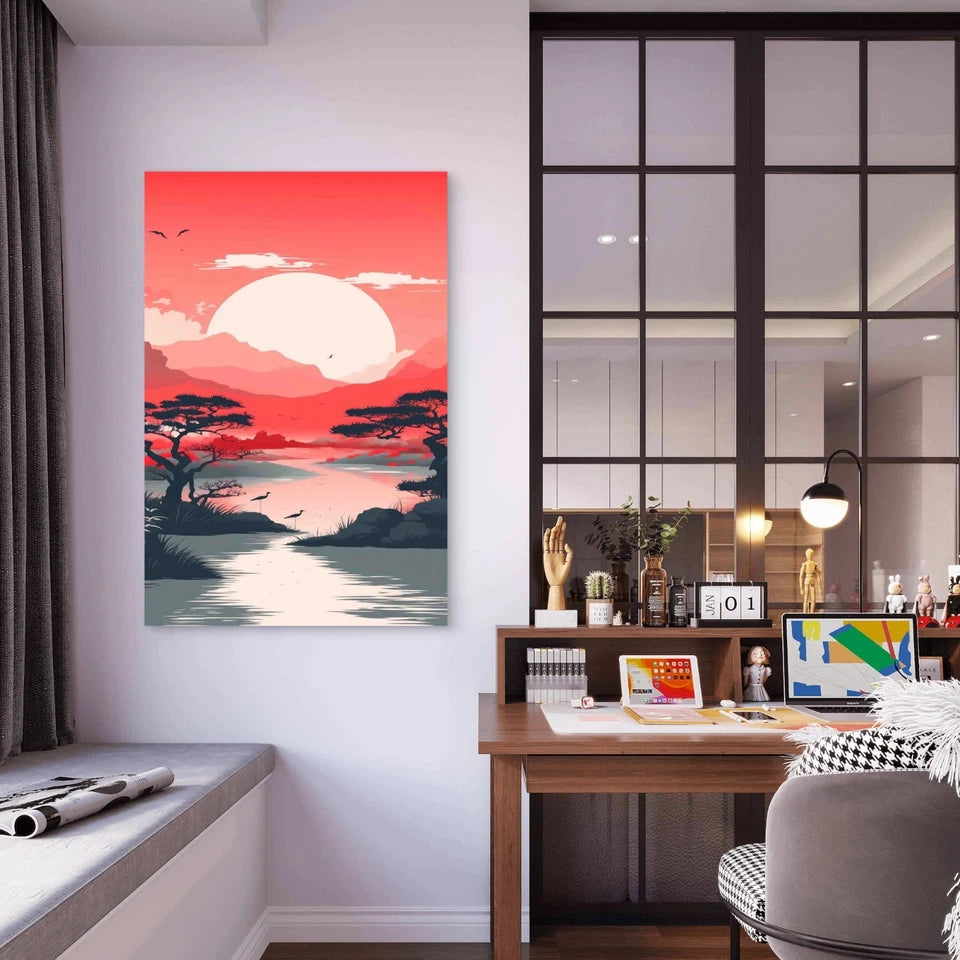 Red Landscape With Mountain Lake With Sunset 60x90 cm Metal Print Ready to Hang