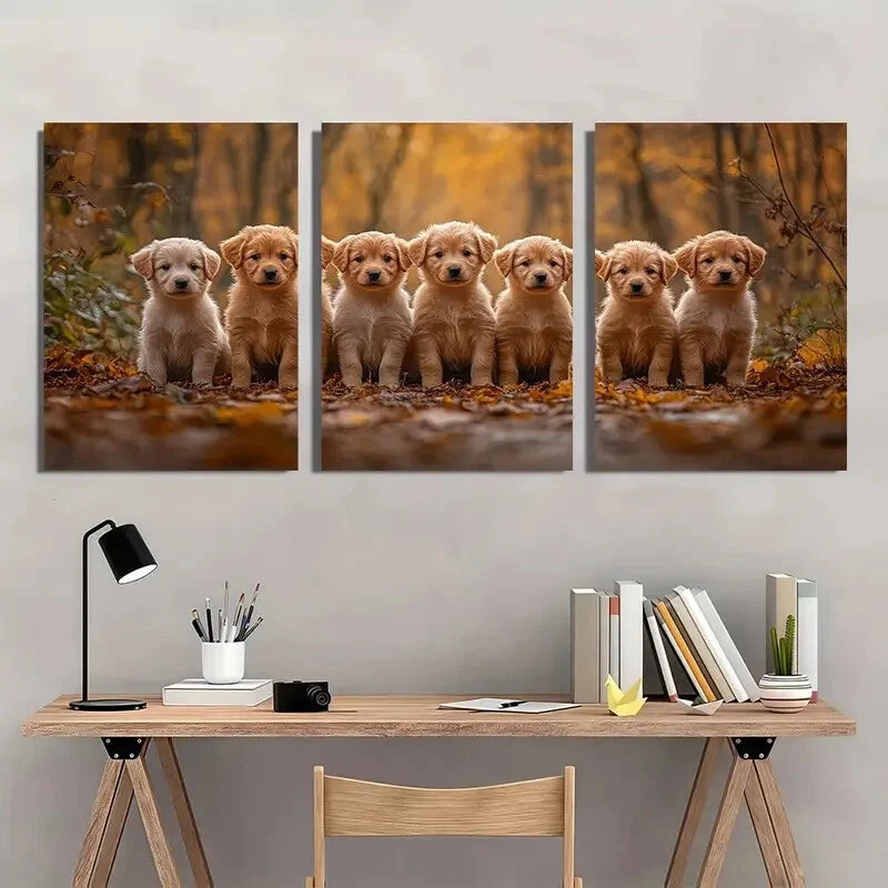 3pcs Adorable Golden Retriever Puppies Autumn Metal Print Ready to Hang Art