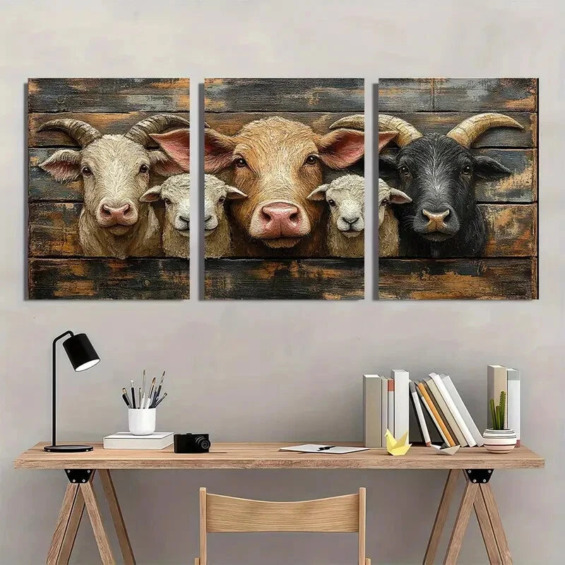 3pcs Rustic Farmhouse Animal Cow Sheep Goat Metal Print Ready to Hang Art