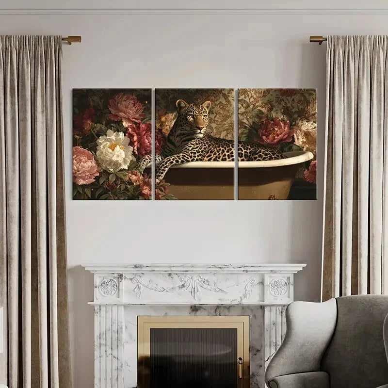 3pcs Leopard in Bathtub with Floral Surroundings Metal Print Ready to Hang Art