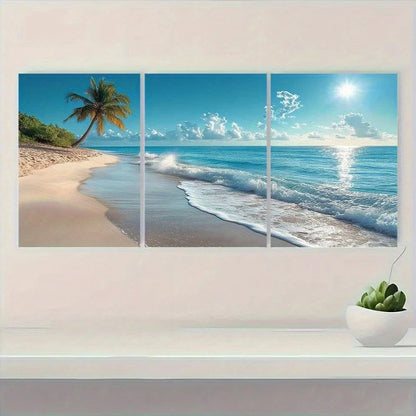 3pcs Tropical Beach and Palm Tree Wall Art Set Canvas Framed 60x90cm - High Quality Print 100% Australian Made Wall Canvas Ready to Hang