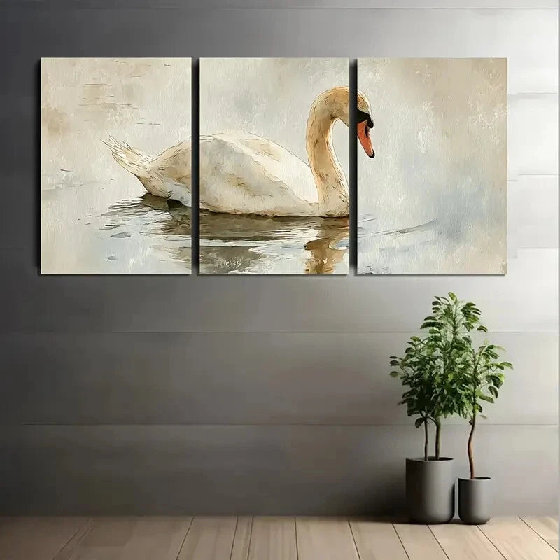 3pcs Elegant Swan Beige & Brown Tones Metal Print Ready to Hang Art