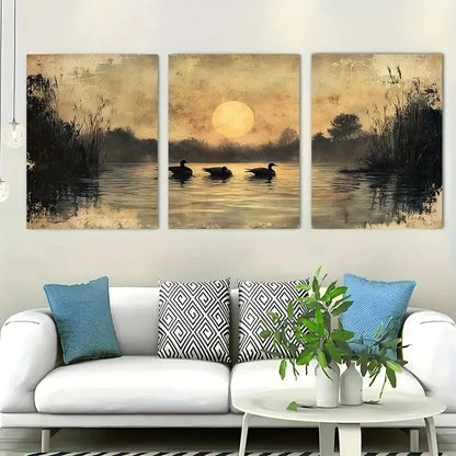 3pcs Pond Antique Classic Nature Décor Perfect Wall Art Set Canvas Framed 40x60cm - High Quality Print 100% Australian Made Wall Canvas Ready to Hang