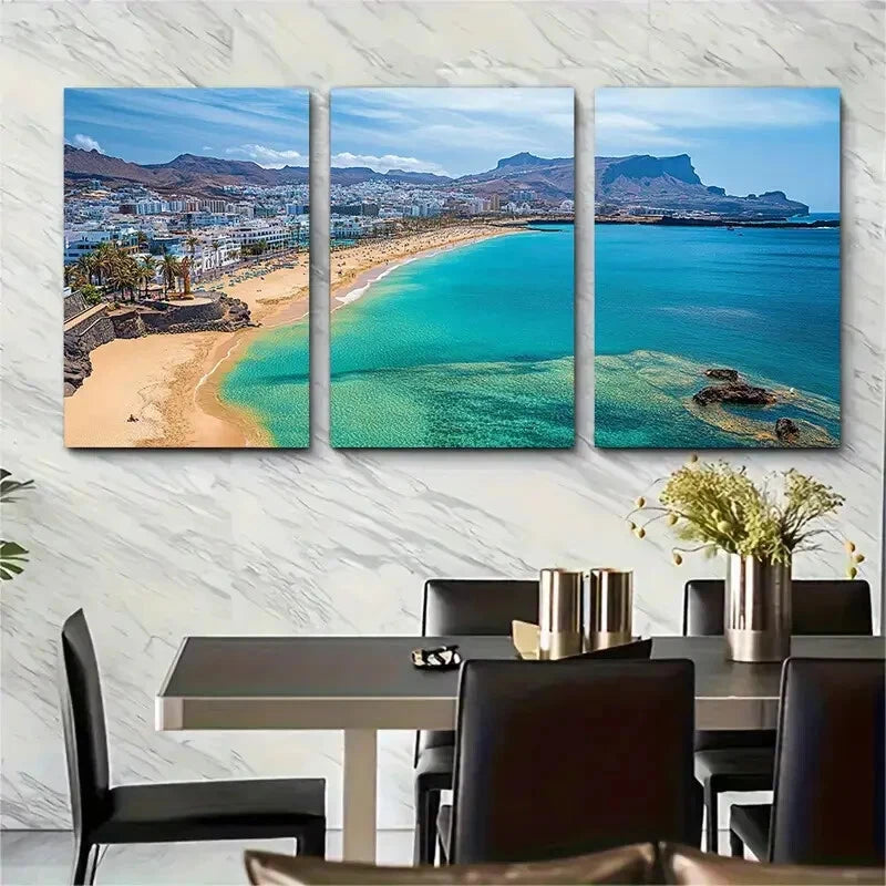 3pcs Vibrant Ocean View with Sandy Beach Turquoise Metal Print Ready to Hang Art