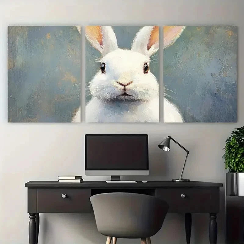 3pcs White Bunny Farm Animal Artwork Perfect Wall Art Set Canvas Framed 60x90cm - High Quality Print 100% Australian Made Wall Canvas Ready to Hang