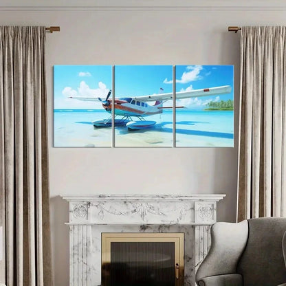 3pcs Australian Tropical Seaplane Beach Landing Wall Art Set Canvas Framed 60x90cm - High Quality Print 100% Australian Made Wall Canvas Ready to Hang