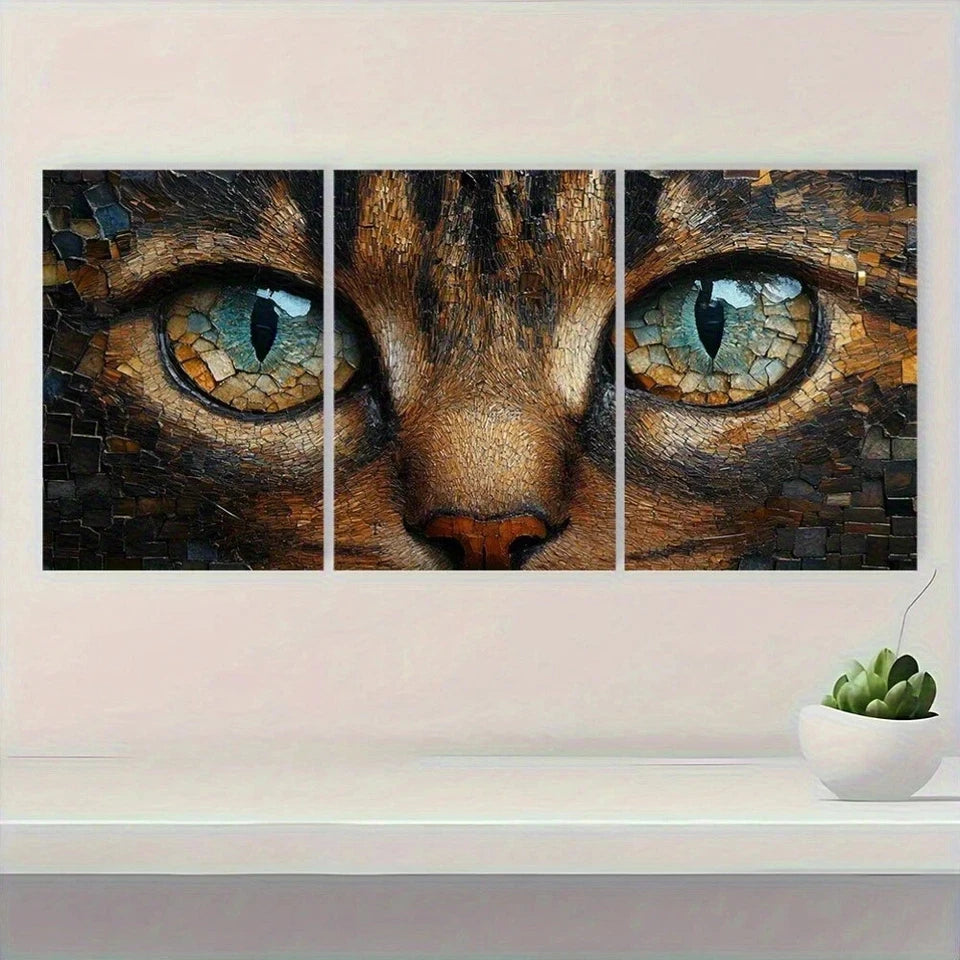 3pcs Mosaic Cat Vibrant Blue & Green Eyes Metal Print Ready to Hang Art