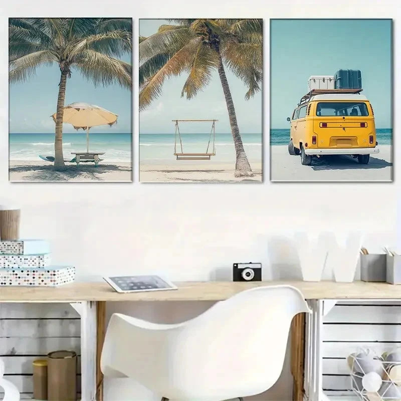 3pcs Beach with Palm Trees & Kombi Van Scene Wall Art Set Canvas Framed 40x60cm - High Quality Print 100% Australian Made Wall Canvas Ready to Hang