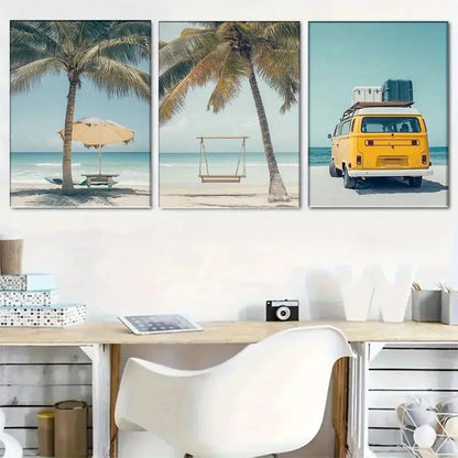 3pcs Beach with Palm Trees & Kombi Van Scene Wall Art Set Canvas Framed 40x60cm - High Quality Print 100% Australian Made Wall Canvas Ready to Hang