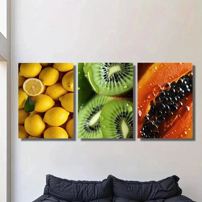 3pcs Tropical Lemon and Papaya Kiwi Poster Wall Art Set Canvas Framed 50x70cm - High Quality Print 100% Australian Made Wall Canvas Ready to Hang
