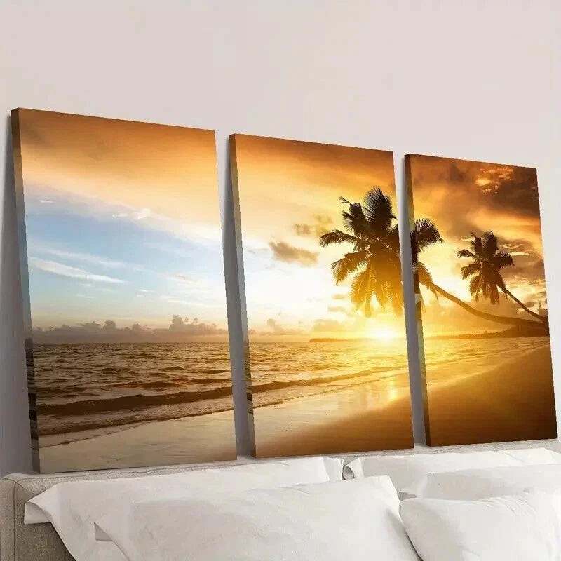 3pcs Sunset Over The Sea & Palm Trees Wall Art Set Canvas Framed 40x60cm - High Quality Print 100% Australian Made Wall Canvas Ready to Hang