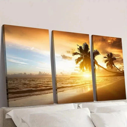3pcs Sunset Over The Sea & Palm Trees Wall Art Set Canvas Framed 40x60cm - High Quality Print 100% Australian Made Wall Canvas Ready to Hang