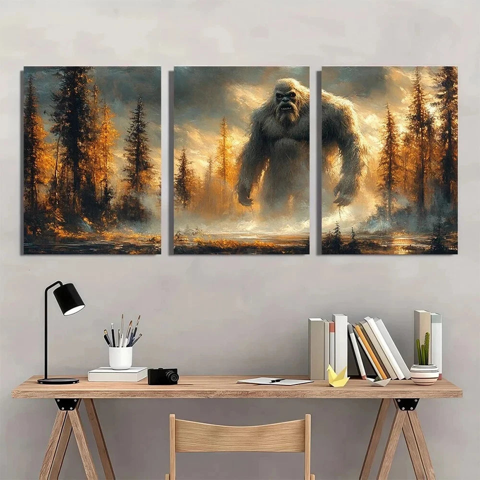 3pcs Rustic Forest Scene with Giant Ape Metal Print Ready to Hang Art
